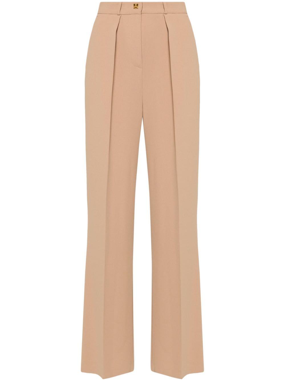 Pantalone dritto in crêpe fermo con bottone logato cammello