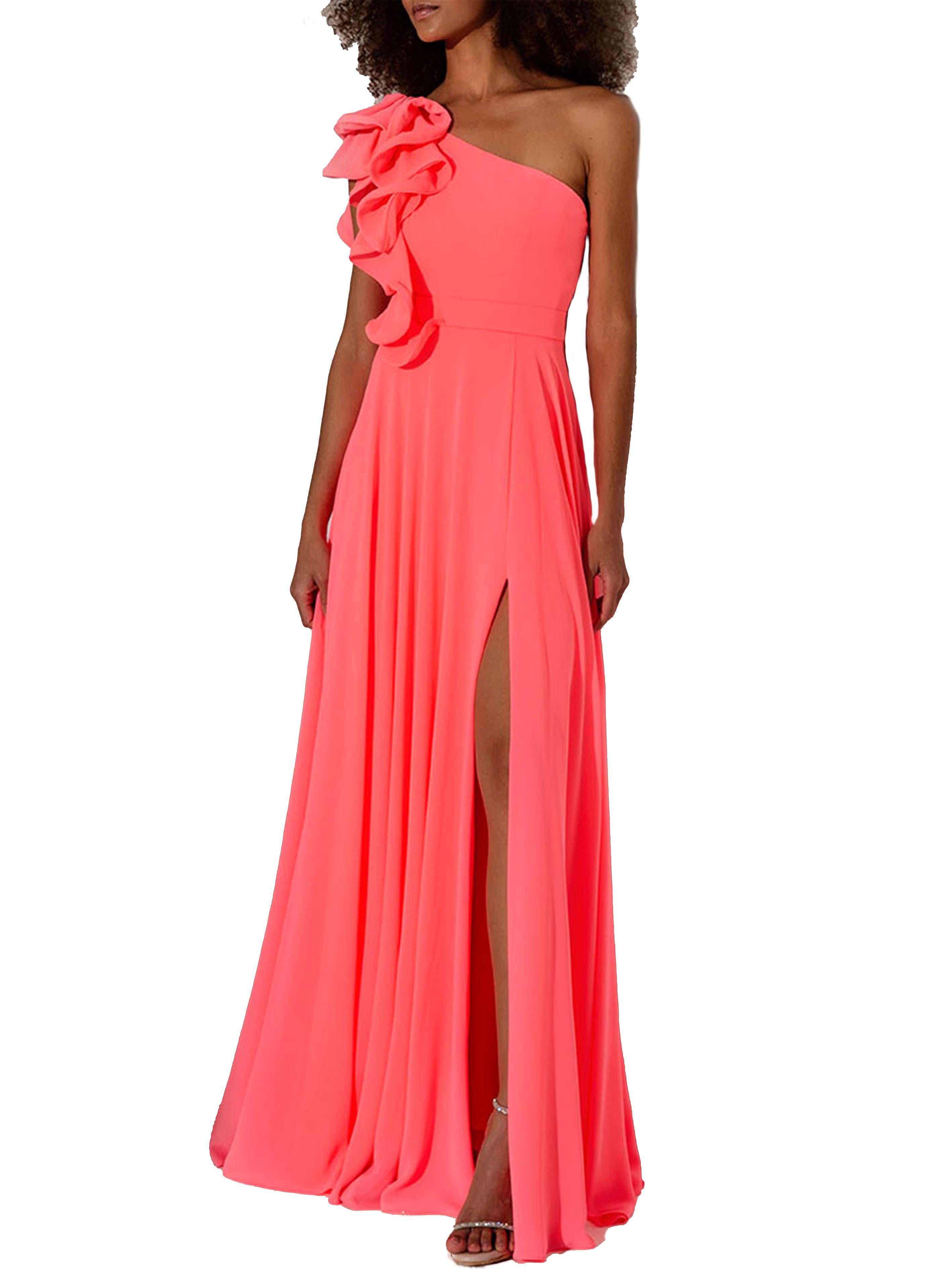 Abito rosa brillante monospalla con ruches A4238 BRIGHTPINK ALLURE