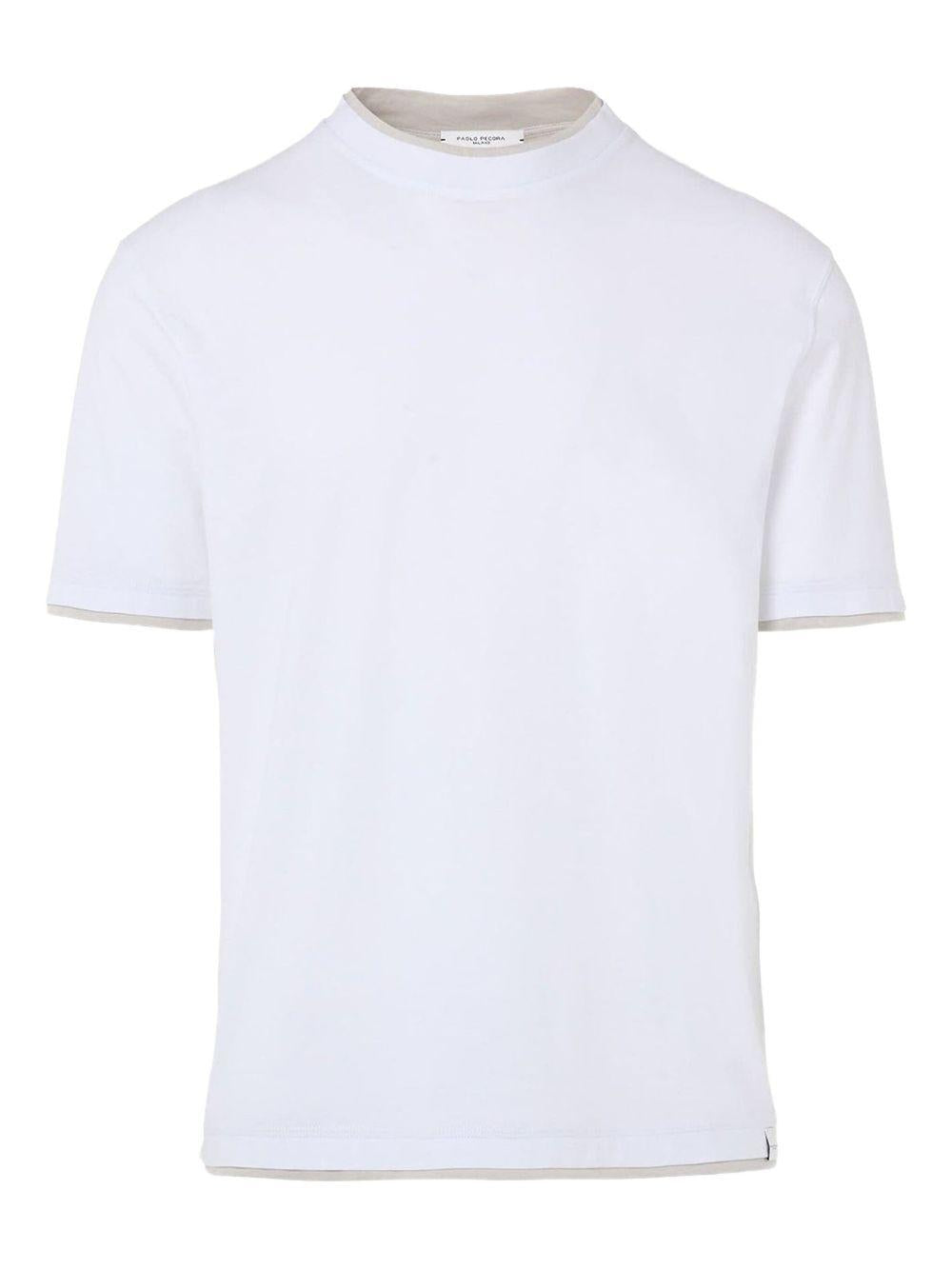 T-shirt bianca con profili beige in cotone extrafine