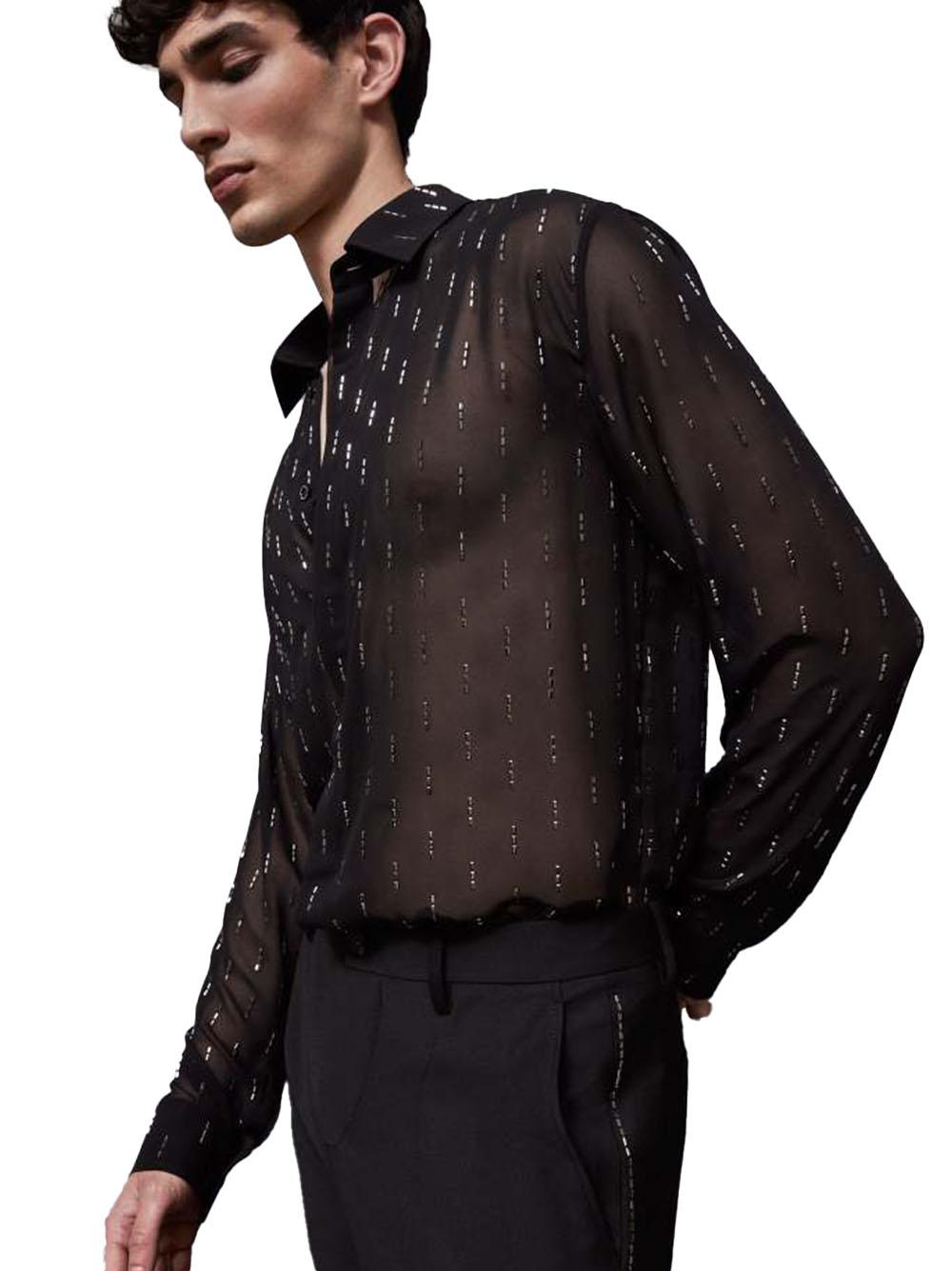 Camicia nera semitrasparente con strass