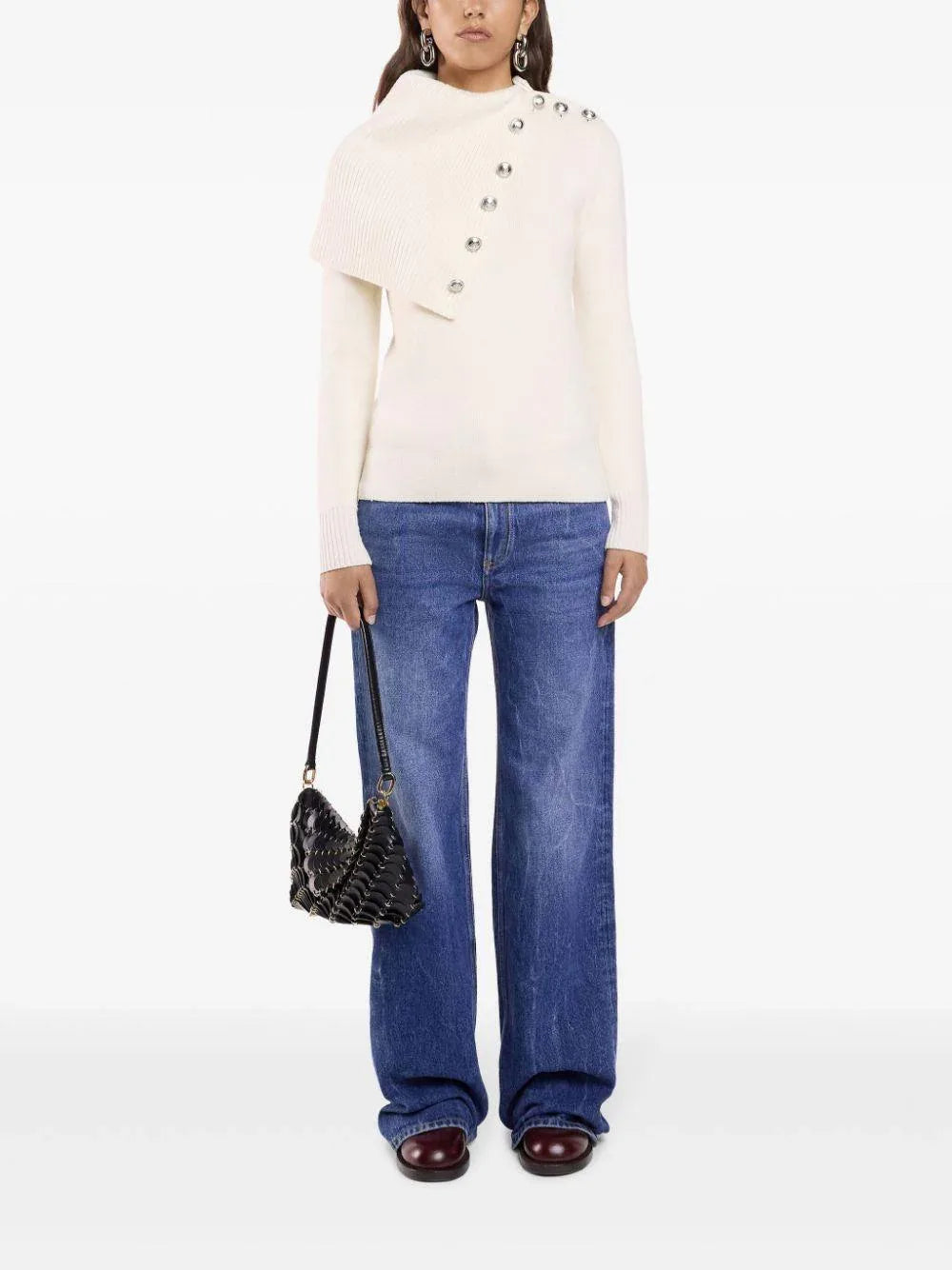 Maglia bianca collo largo e bottoni lqnq - Preludio Moda