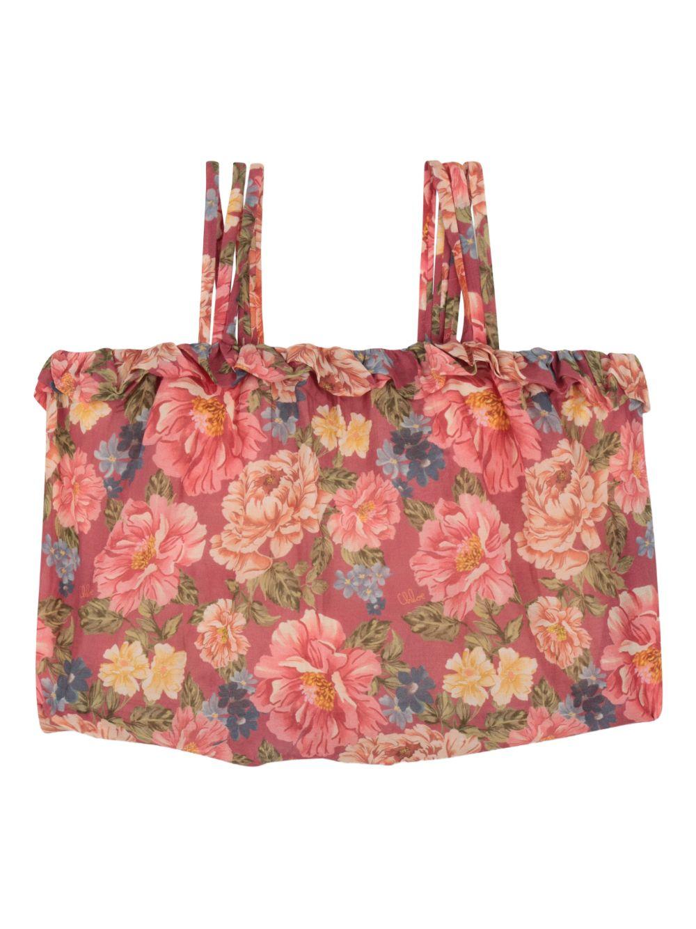 Top con spalline in cotone e seta a stampa floreale C20861 46Y CHLOE KIDS