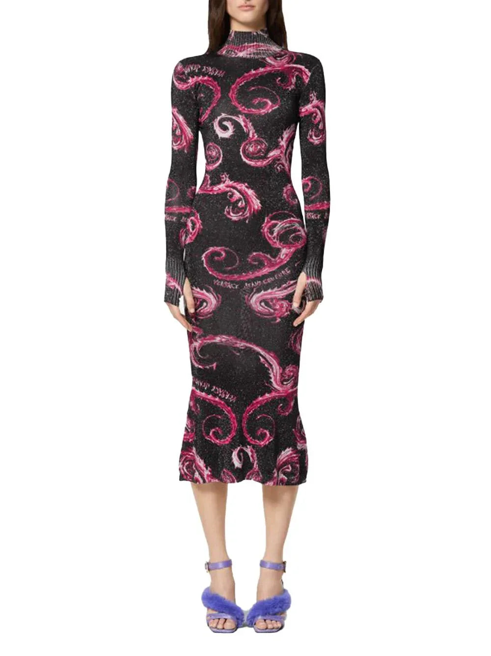 Abito midi in lurex fantasia baroque nero/fucsia - Preludio Moda