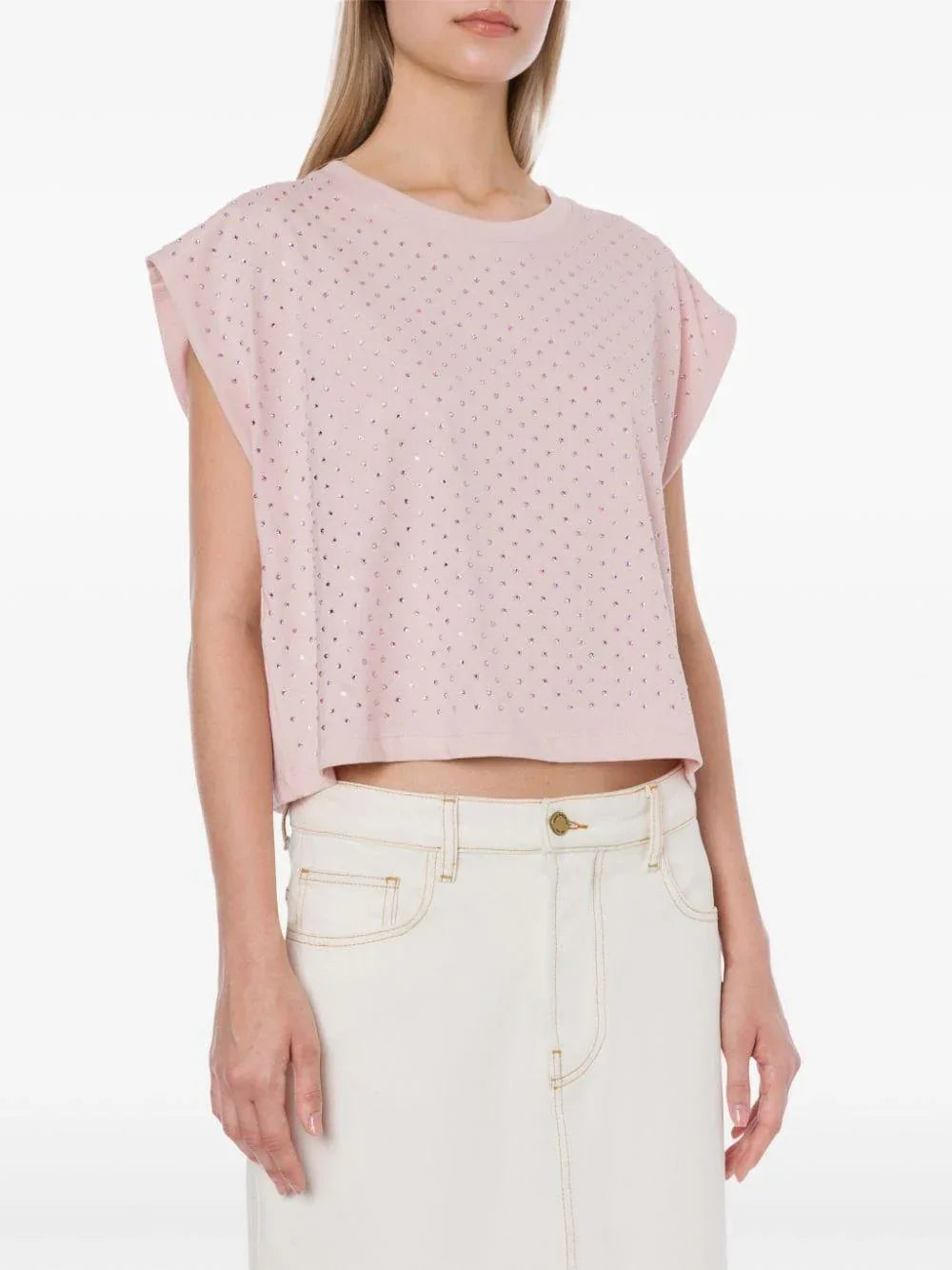 T-shirt crop rosa con strass - Preludio Moda