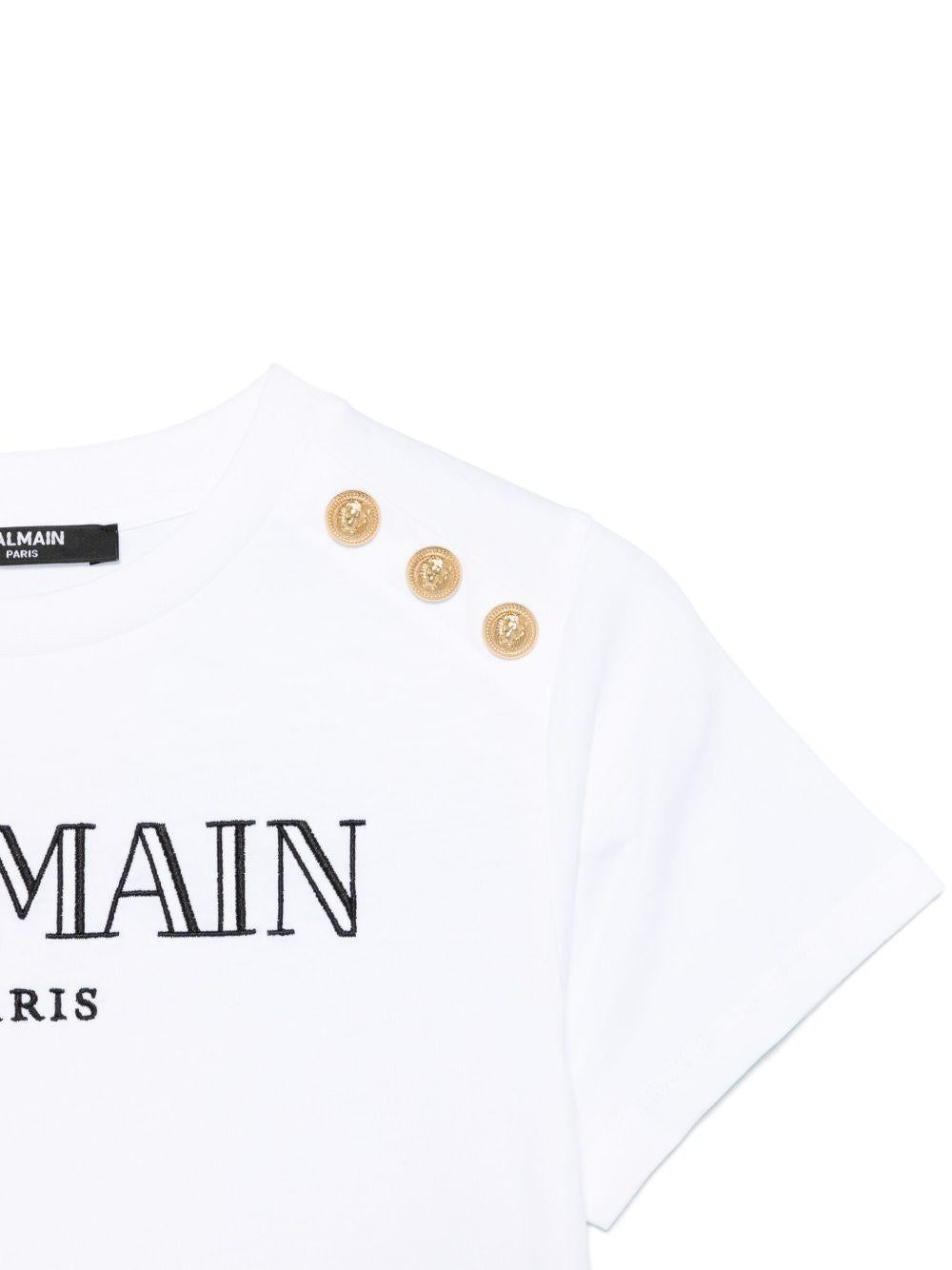 T-shirt bianca logo ricamato e bottoni oro su spalle