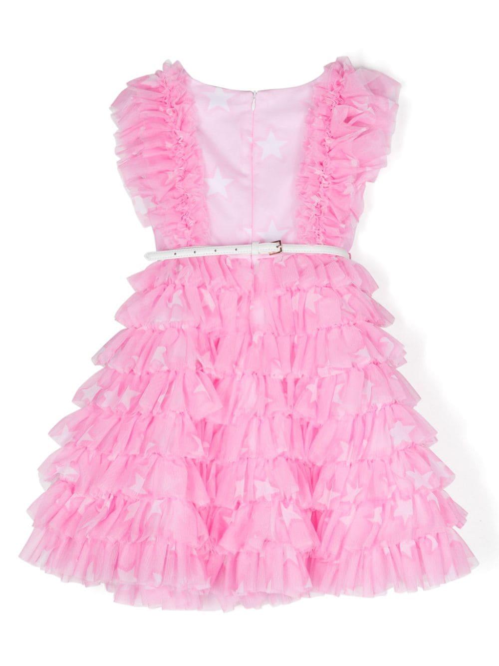 Abito rosa in tulle stampato con ruches