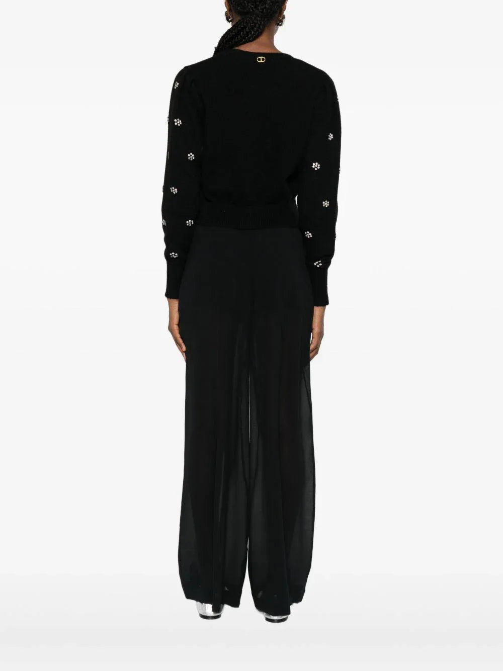 Cardigan nero a motivi floreali con scollo a V - Preludio Moda