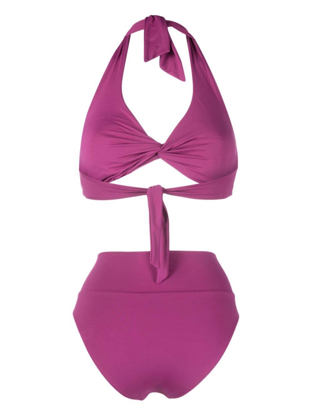 Costume a vita alta prugna con foglie