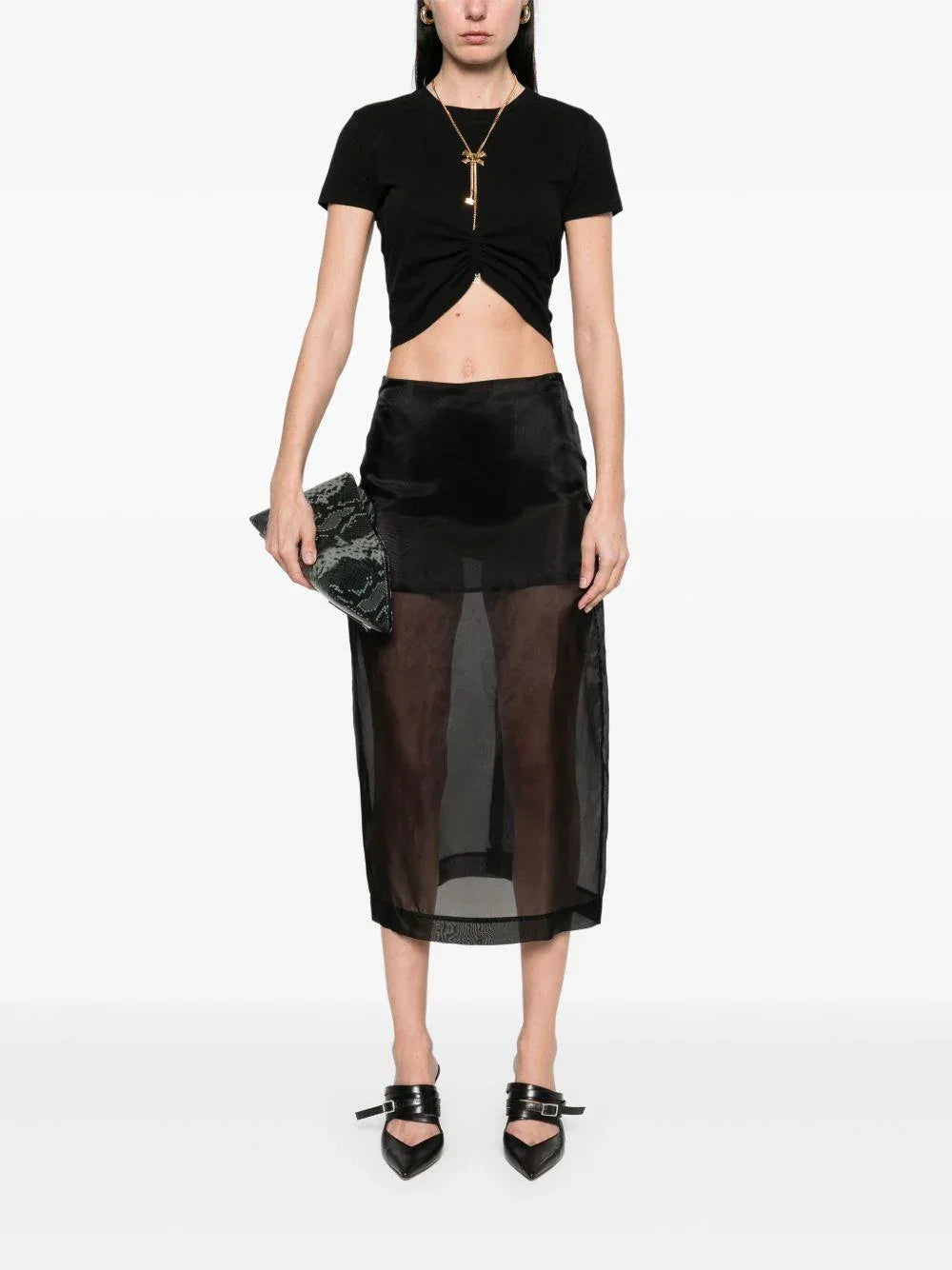 T-shirt nera con arricciatura e collana - Preludio Moda