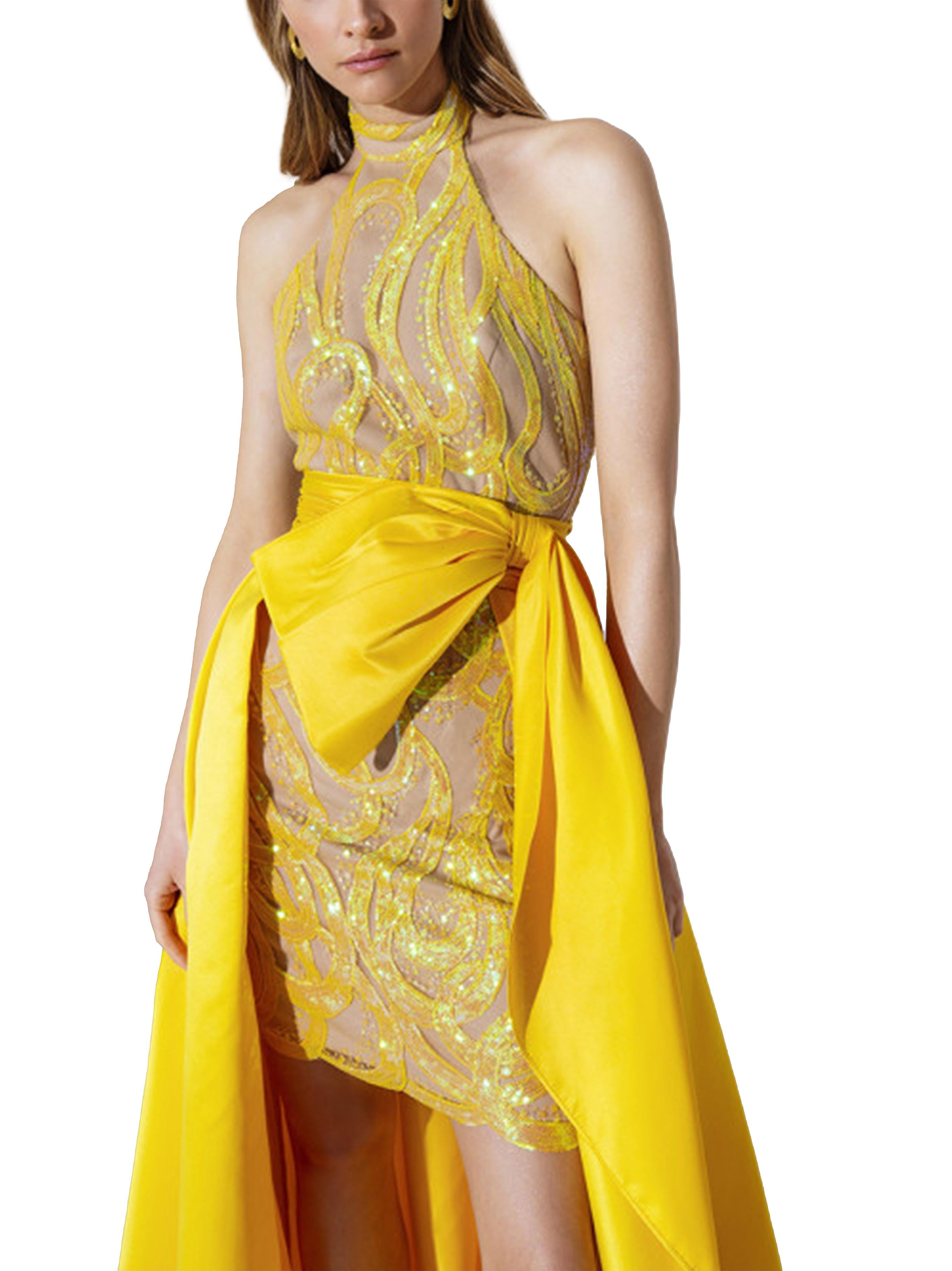 Abito semitrasparente con gonnellone giallo A4246 YELLOW ALLURE