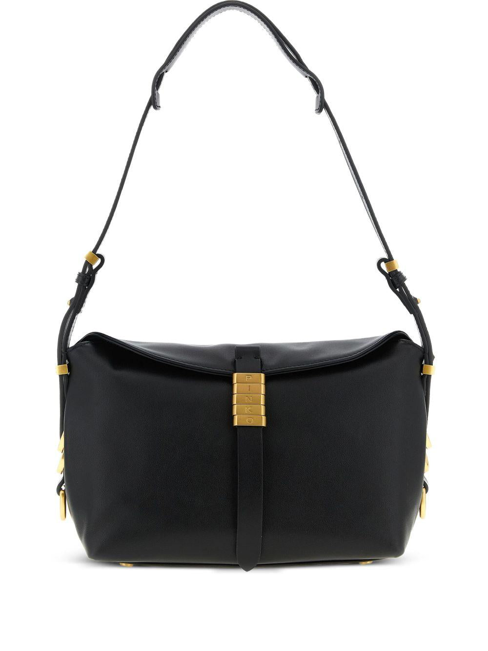 Borsa a spalla nera in pelle con anello inciso 105895A1ZX Z99Q PINKO