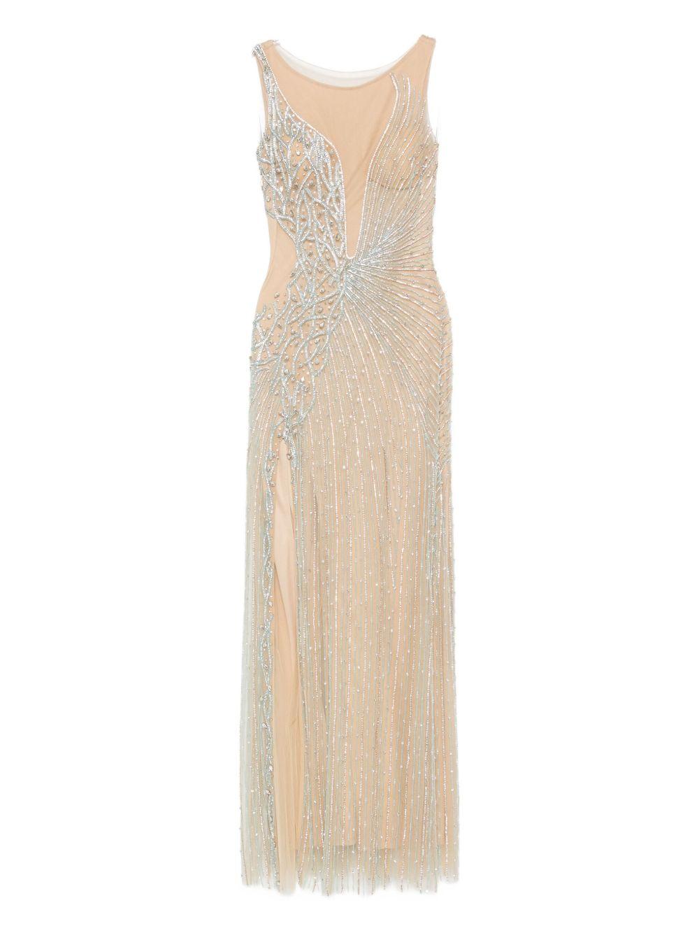 Abito Lungo Beige Girocollo con Perline e Spacco Laterale HF110347 SAS CHIC & HOLLAND