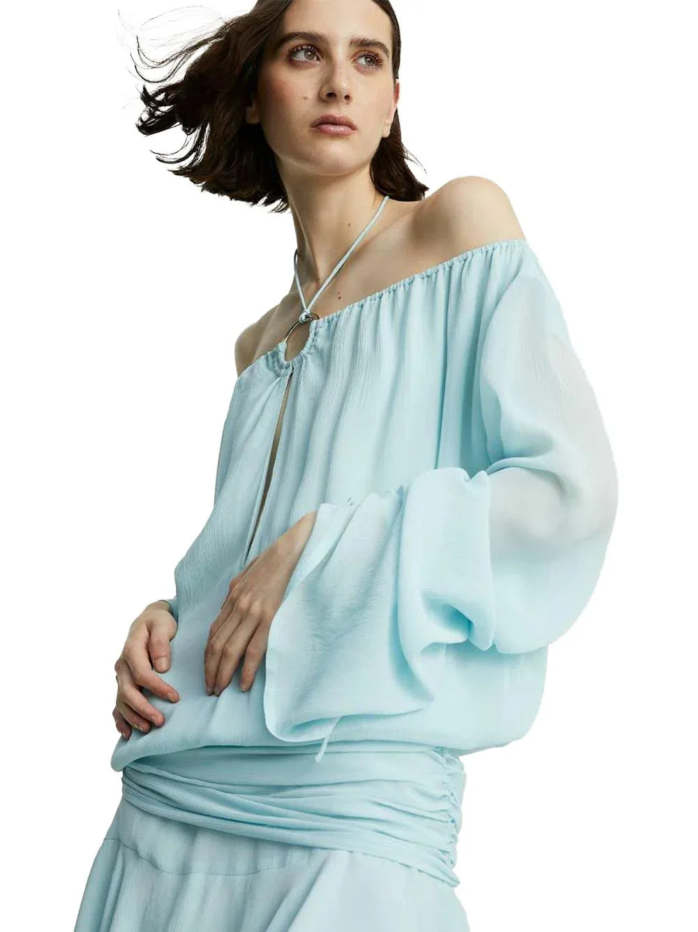 Abito celeste crepè con fusciacca - Preludio Moda