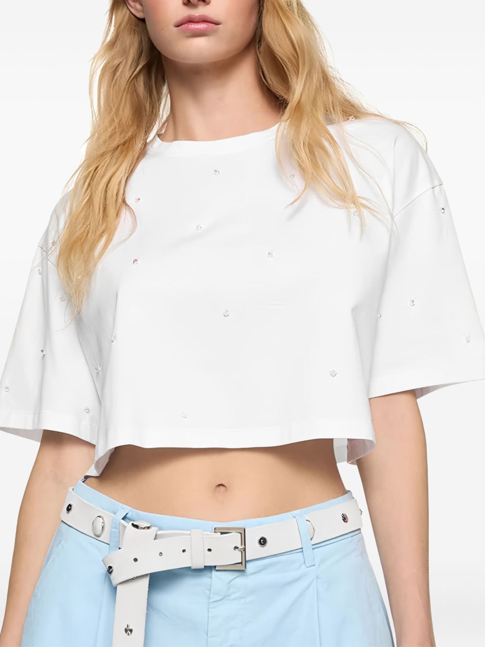 T-shirt bianca crop over con perline S989JF0271DHI8DD 000 DONDUP 