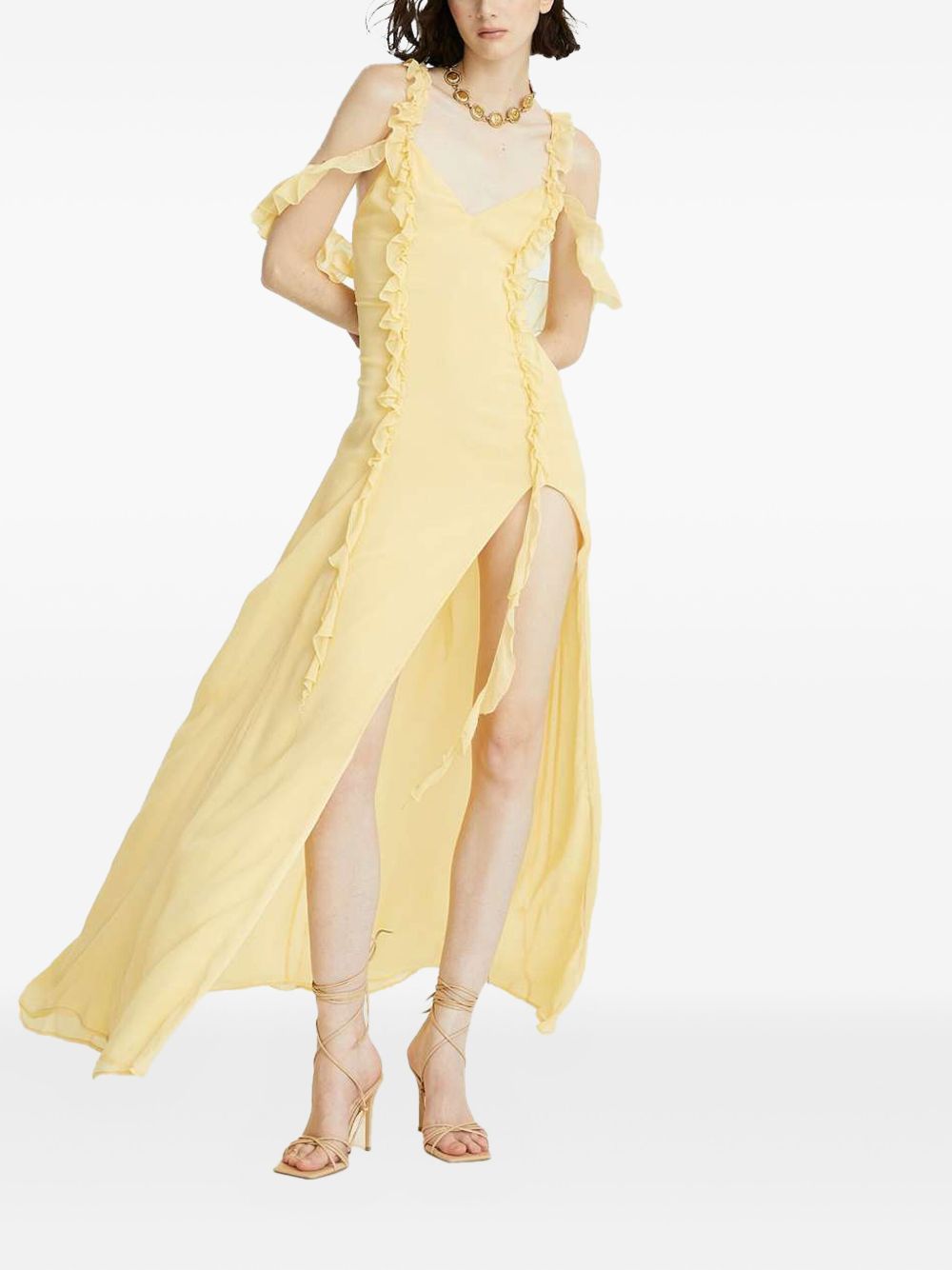 Abito giallo in crepe lungo con dettagli in rushes LTS25505 022 CELESTE 