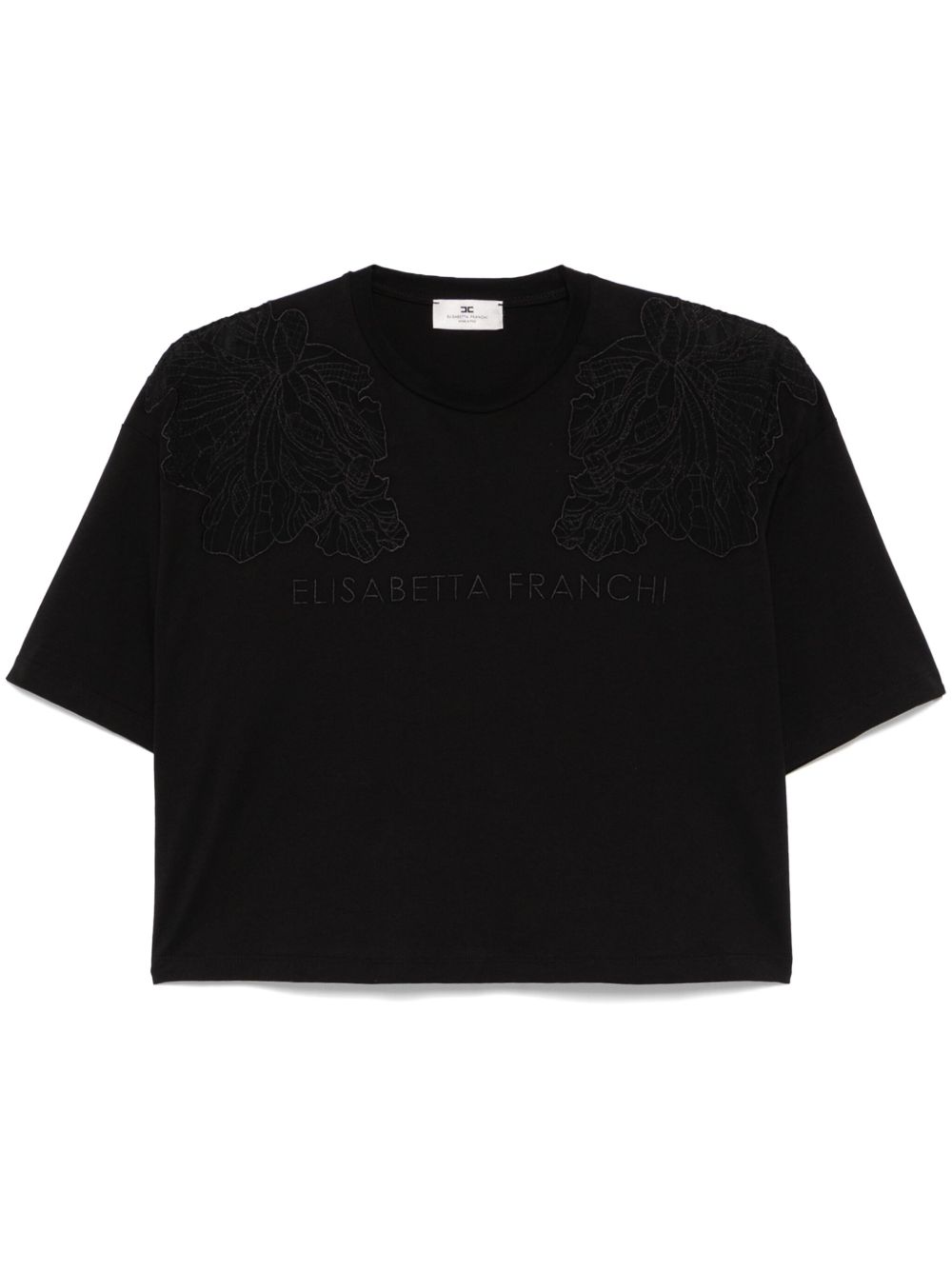 T-shirt nera con ricami semitrasparenti e logo MA01851E2 110 ELISABETTA FRANCHI 