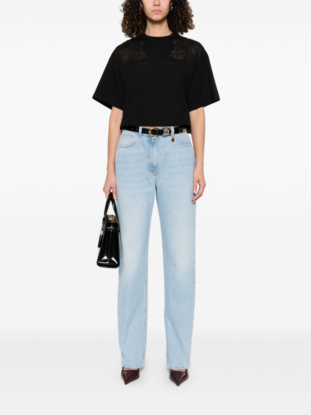 T-shirt nera con ricami semitrasparenti e logo MA01851E2 110 ELISABETTA FRANCHI 