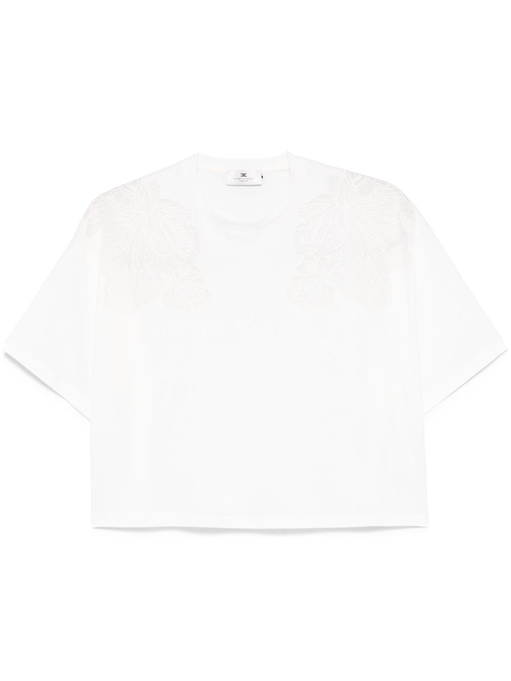 T-shirt bianca con ricami semitrasparenti e logo MA01851E2 270 ELISABETTA FRANCHI 