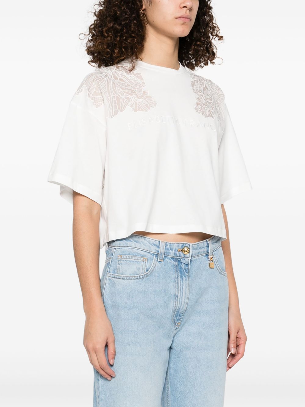 T-shirt bianca con ricami semitrasparenti e logo MA01851E2 270 ELISABETTA FRANCHI 