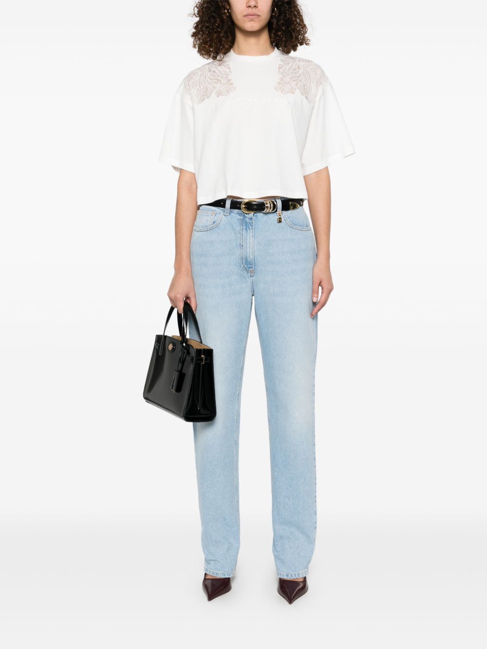 T-shirt bianca con ricami semitrasparenti e logo MA01851E2 270 ELISABETTA FRANCHI 