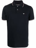 Blue polo shirt with striped profiles