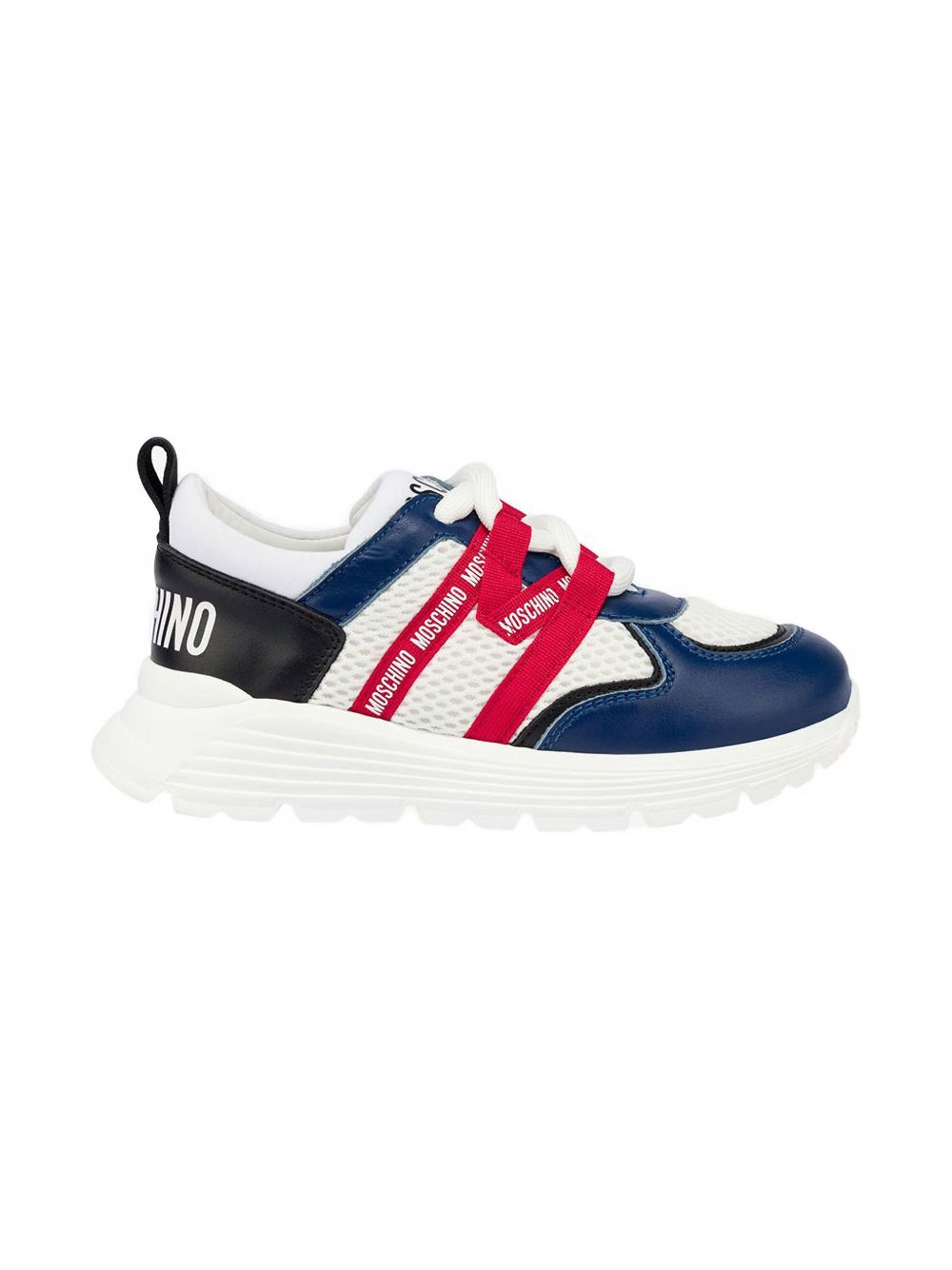 Sneakers in rete e pelle di vitello con logo 80450 01 MOSCHINO KIDS 