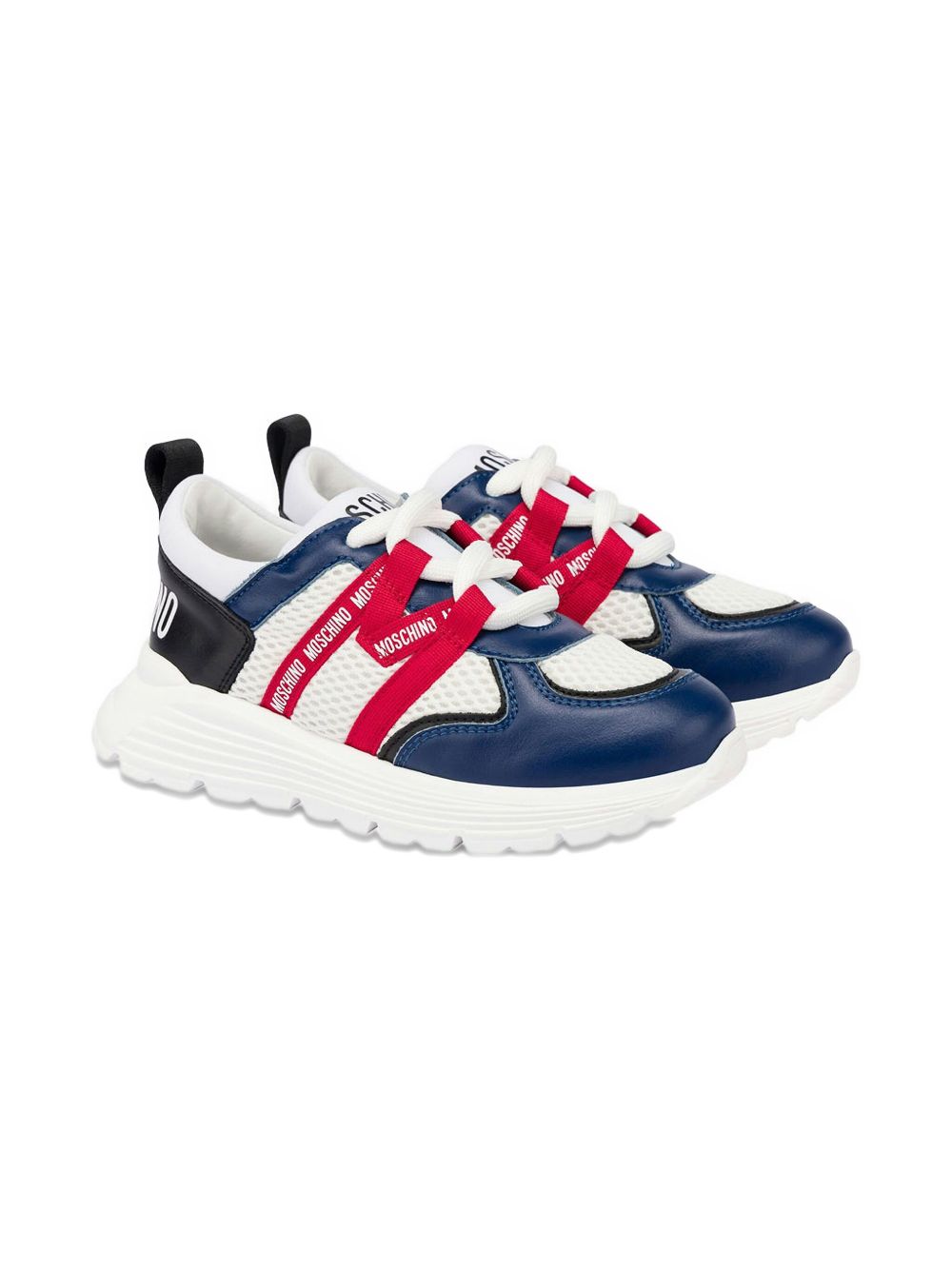 Sneakers in rete e pelle di vitello con logo 80450 01 MOSCHINO KIDS 