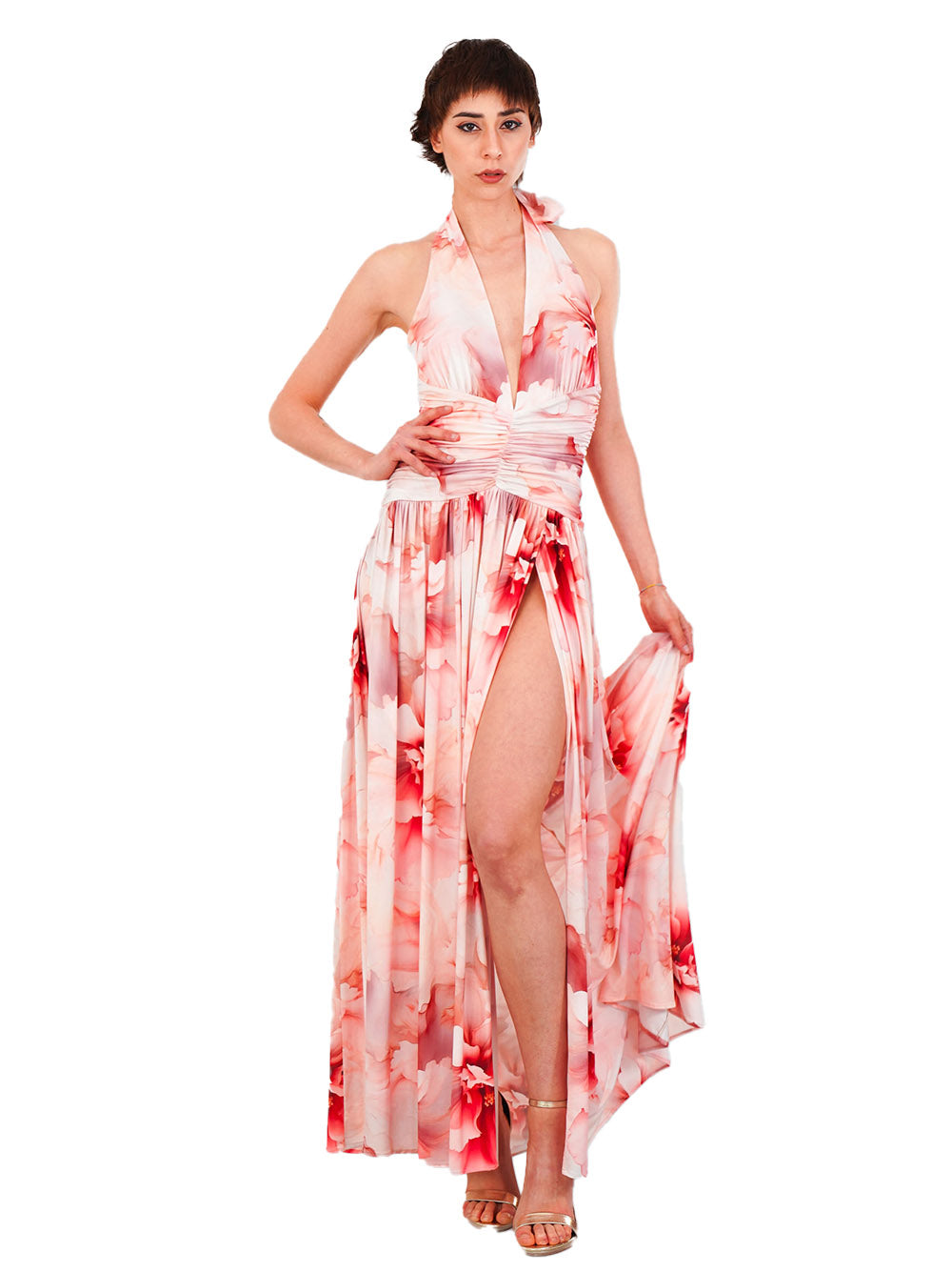 Abito rosa con fantasia floreale S00853 ROSSO BABYLON COLLECTION 