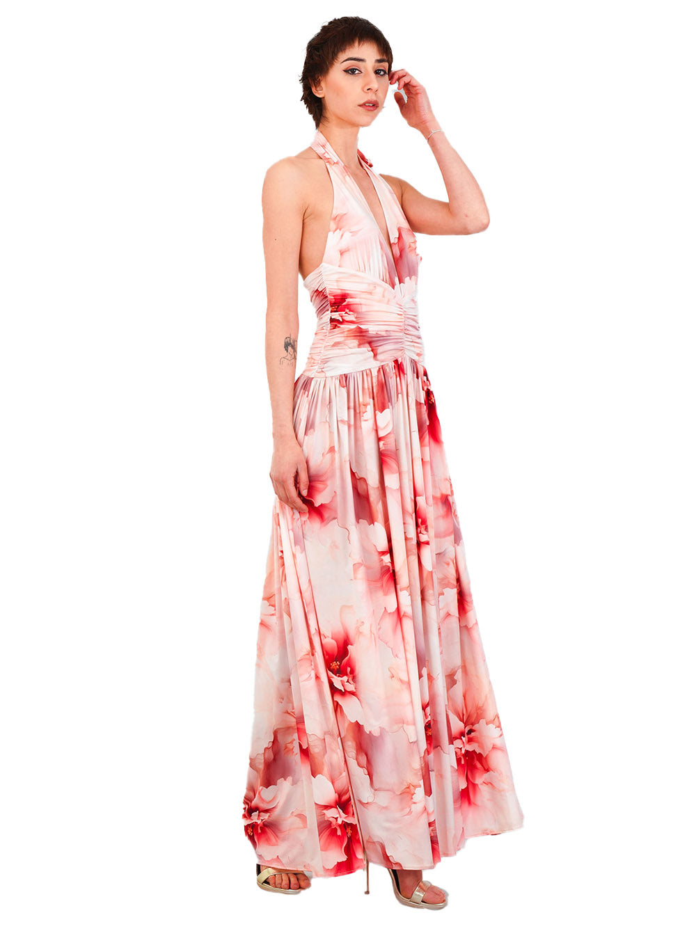 Abito rosa con fantasia floreale S00853 ROSSO BABYLON COLLECTION 