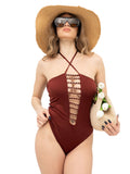 Costume intero marrone con anelli oro