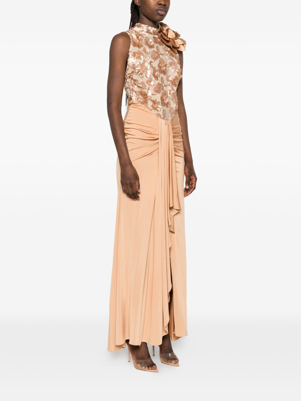 Abito lungo con paillettes e applicazione floreale WS00904 BEIGE BABYLON COLLECTION 