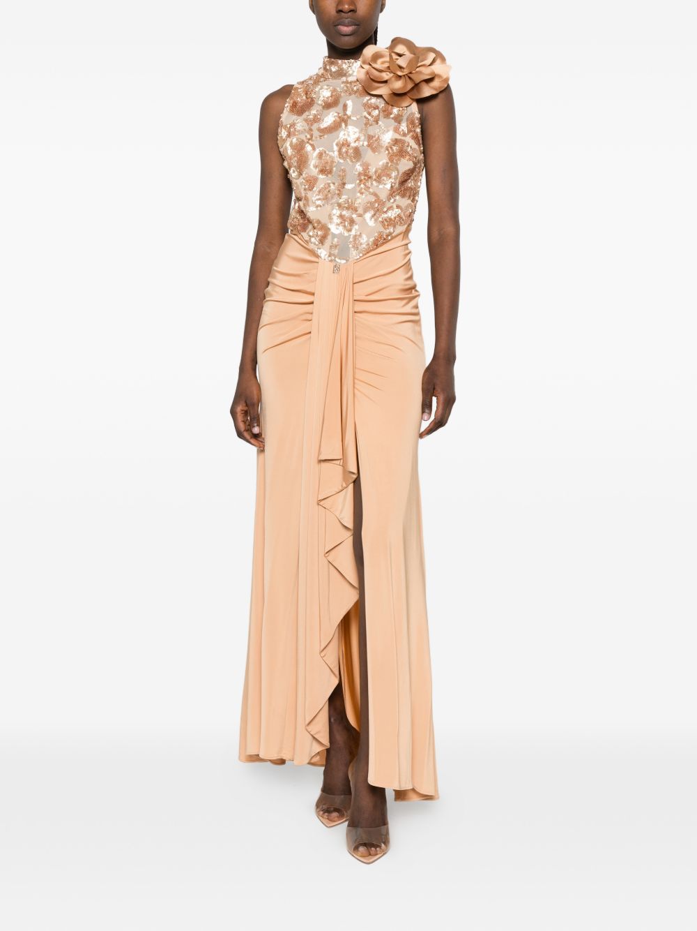 Abito lungo con paillettes e applicazione floreale WS00904 BEIGE BABYLON COLLECTION 