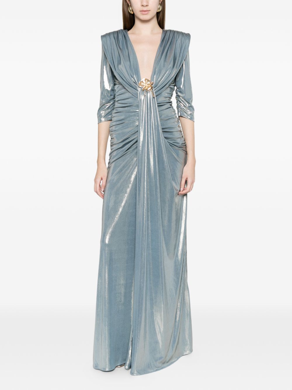 Abito lungo con applicazioni metalliche scollo a V WS00911 ARGENTO BABYLON COLLECTION 