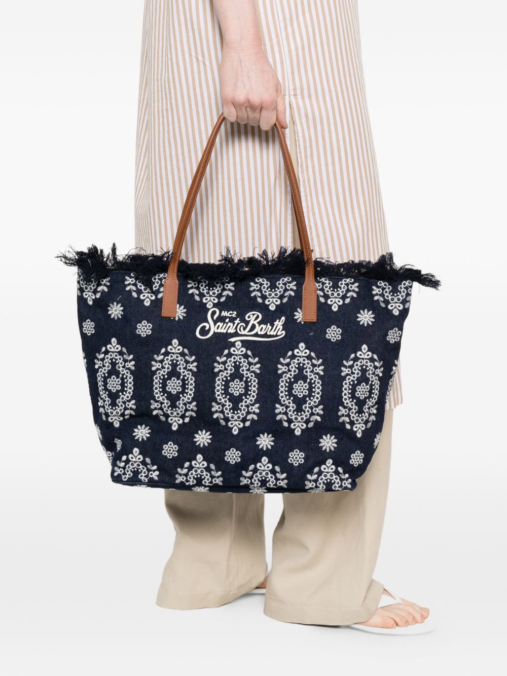 Borsa da spiaggia con ricami e frange CBF0001 01773L MC2 SAINT BARTH 