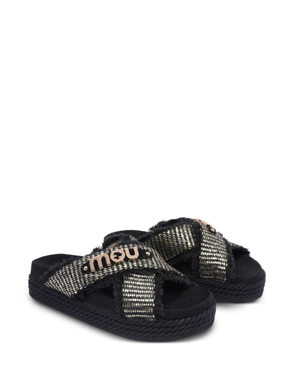 Sandali nero con suola intrecciata e logo metallico oro MUSW451009K RMBLA MOU 