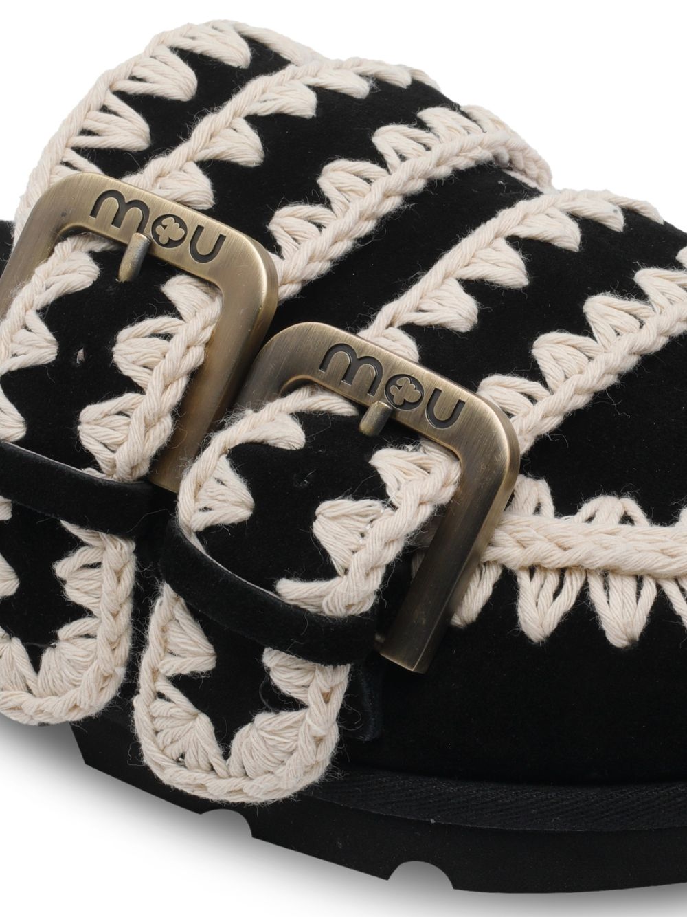 Mules con ricamo a contrasto e doppie fibbie MUSW631003A BKWH MOU 