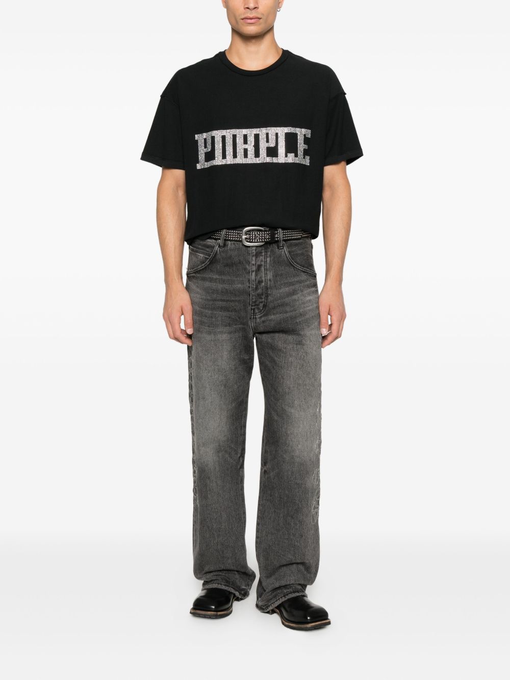 T-shirt in cotone con logo strass P101TBCP126 BLACK PURPLE BRAND 