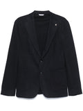 Blue micro texture blazer with logo pin