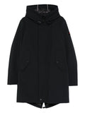 Dark green coat with hood and logo