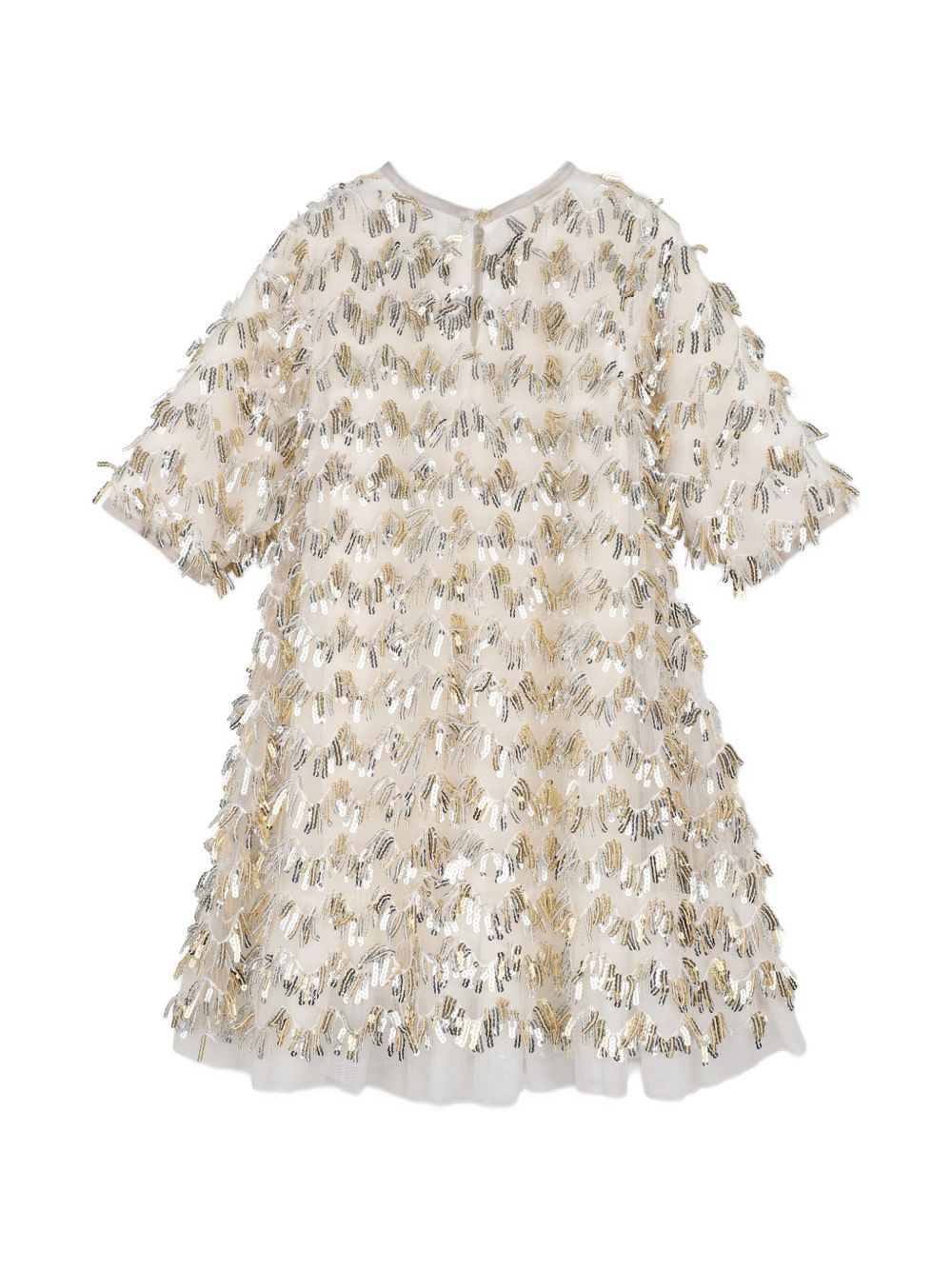 Ceremony vestito in mesh con paillettes fringes, fodera, maniche corte, mesh ruffle al fondo, chiusura con bottoni al retro. U22354 T07 BILLIE BLUSH KIDS 