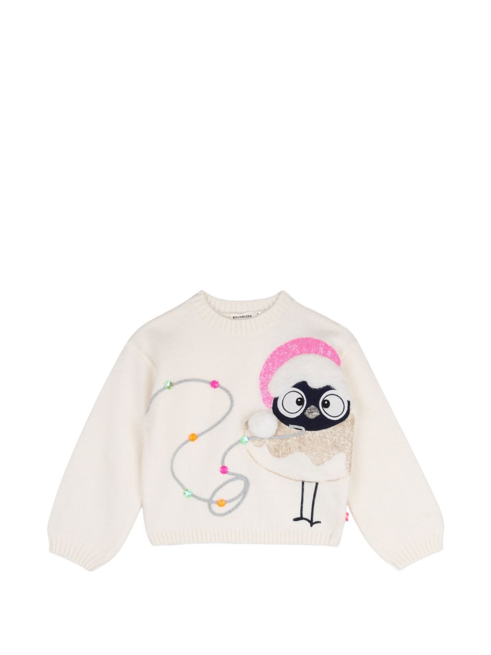 Christmas knit maglione, jacquard illustrazione sul davanti, paillettes, cabochons e pompom, lucido ribbed edges. U22471 121 BILLIE BLUSH KIDS 