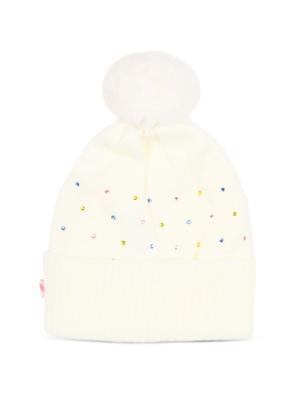 Beanie con multicolor strass. Eco-pelliccia pompom. Glitter brand. Double layer knit. A righe woven label on side. Composition : acrylic. Matched to snood u22518 e gloves u22541. U22499 121 BILLIE BLUSH KIDS 