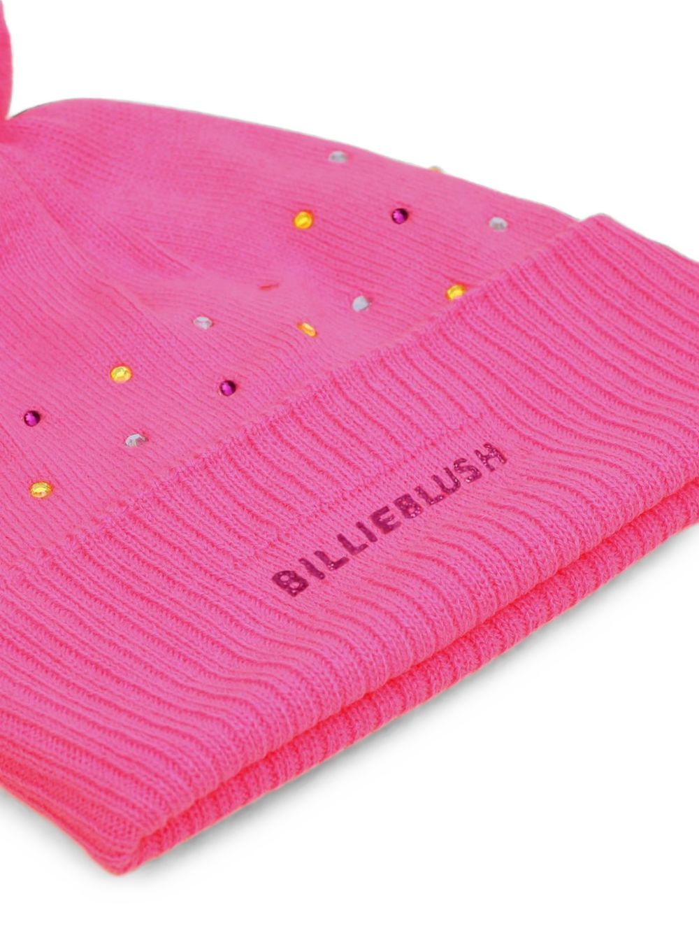Beanie con multicolor strass. Eco-pelliccia pompom. Glitter brand. Double layer knit. A righe woven label on side. Composition : acrylic. Matched to snood u22518 e gloves u22541. U22499 47A BILLIE BLUSH KIDS 