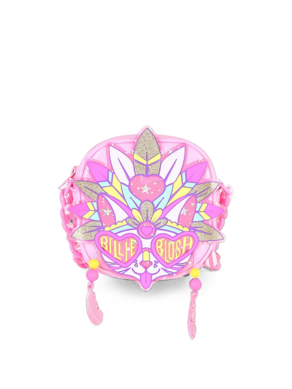 Cat handbag. Lucido simili. Glitter e neon illustrazione. Charms e beads gum effect. Gum plastic chain spalla strap. Chiusura con zip. A righe woven label. Matched to small backpack u22535. Dimensions : 12x12x4 cm. U22520 462 BILLIE BLUSH KIDS 