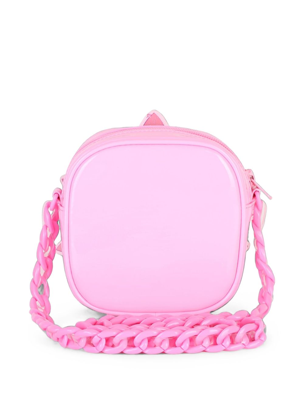 Cat handbag. Lucido simili. Glitter e neon illustrazione. Charms e beads gum effect. Gum plastic chain spalla strap. Chiusura con zip. A righe woven label. Matched to small backpack u22535. Dimensions : 12x12x4 cm. U22520 462 BILLIE BLUSH KIDS 