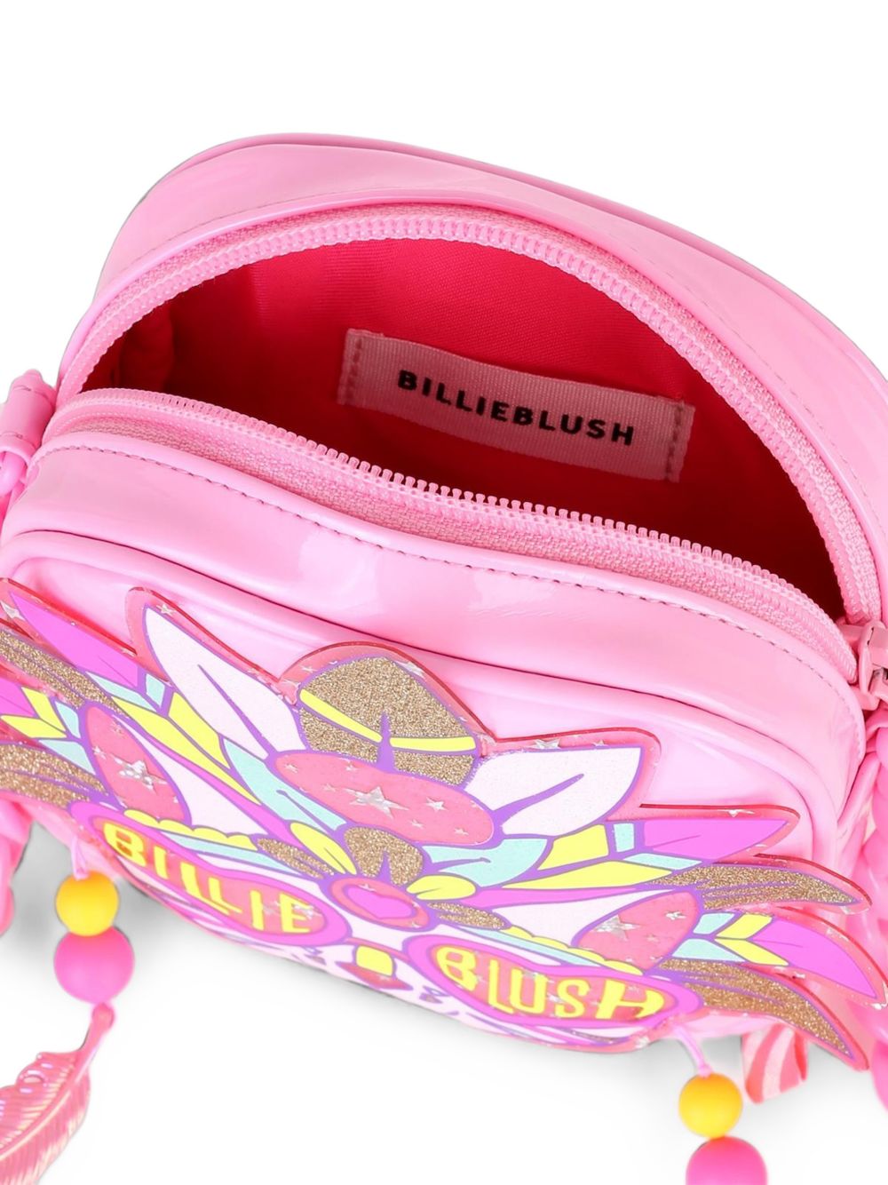 Cat handbag. Lucido simili. Glitter e neon illustrazione. Charms e beads gum effect. Gum plastic chain spalla strap. Chiusura con zip. A righe woven label. Matched to small backpack u22535. Dimensions : 12x12x4 cm. U22520 462 BILLIE BLUSH KIDS 