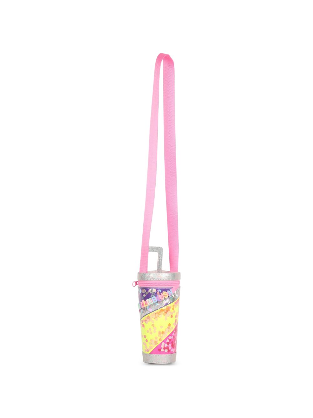 Milkshake handbag. Iridescent simili. Letters beads. Rainbow illustrazione con multicolor confettis under clear material. Webbing spalla strap. Chiusura con zip. A righe woven label. Matched to small backpack u22533. Dimensions : 17,5x8,5 cm. U22523 111 BILLIE BLUSH KIDS 