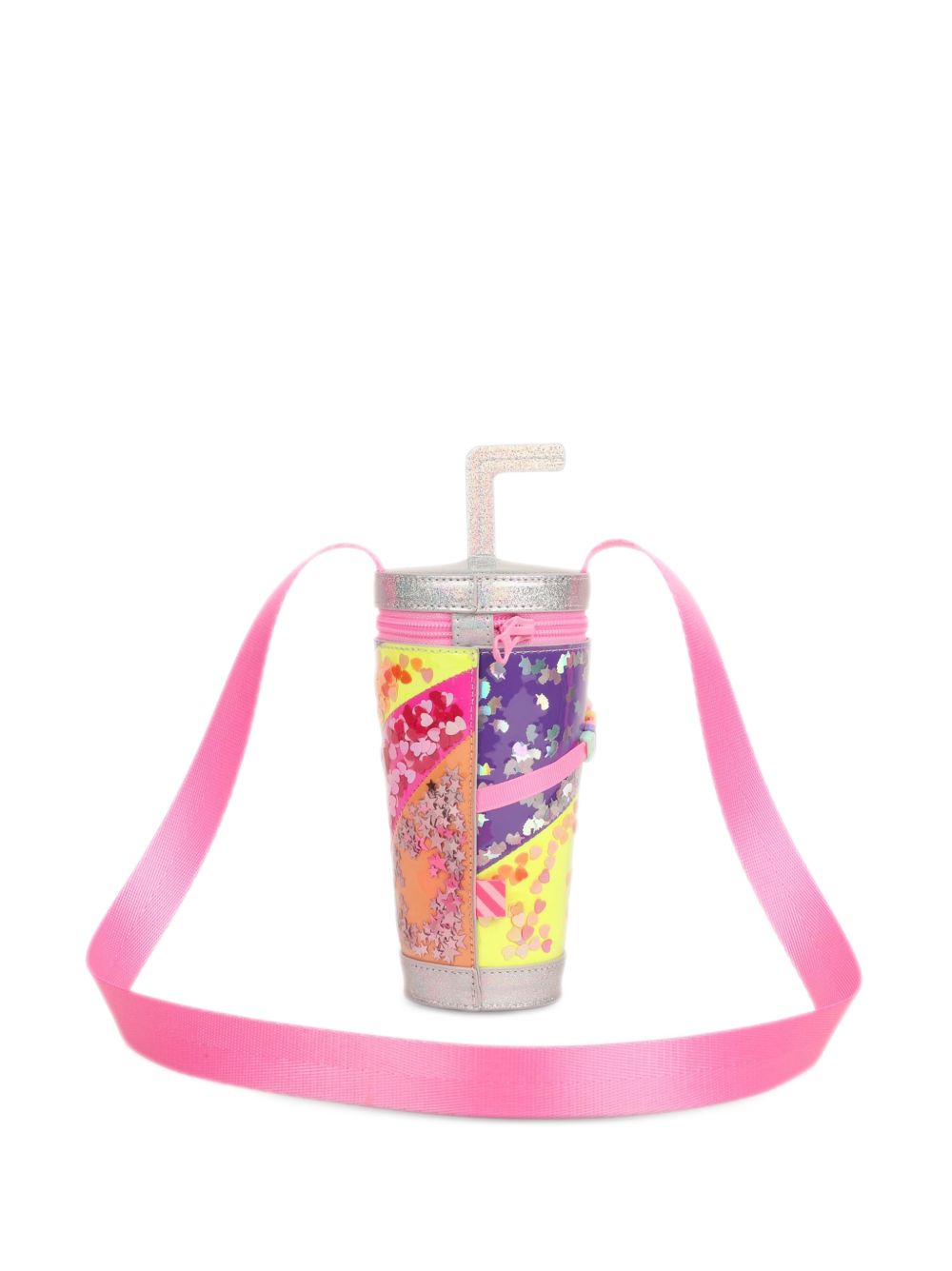 Milkshake handbag. Iridescent simili. Letters beads. Rainbow illustrazione con multicolor confettis under clear material. Webbing spalla strap. Chiusura con zip. A righe woven label. Matched to small backpack u22533. Dimensions : 17,5x8,5 cm. U22523 111 BILLIE BLUSH KIDS 