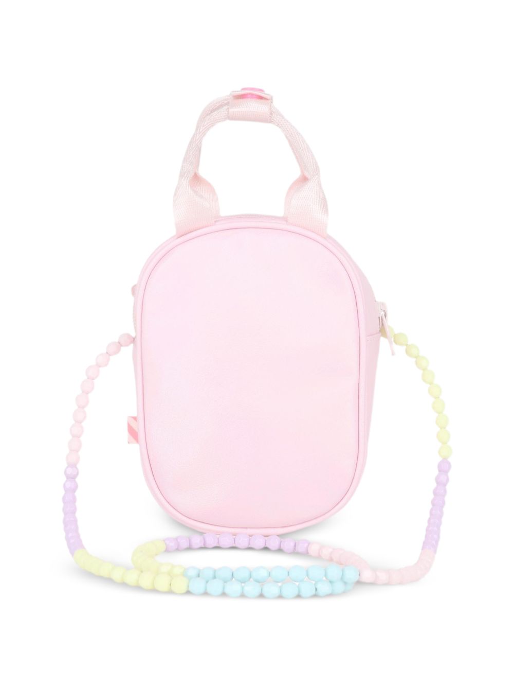 Unicorn handbag. Iridescent pinkish simili. Glow nel dark unicorn illustrazione, puff effect. Small handles con snap. Fringes sul fondo. Facets beads spalla strap. Chiusura con zip. A righe woven label. Dimensions : 15x10,5x5 cm. U22526 467 BILLIE BLUSH KIDS 