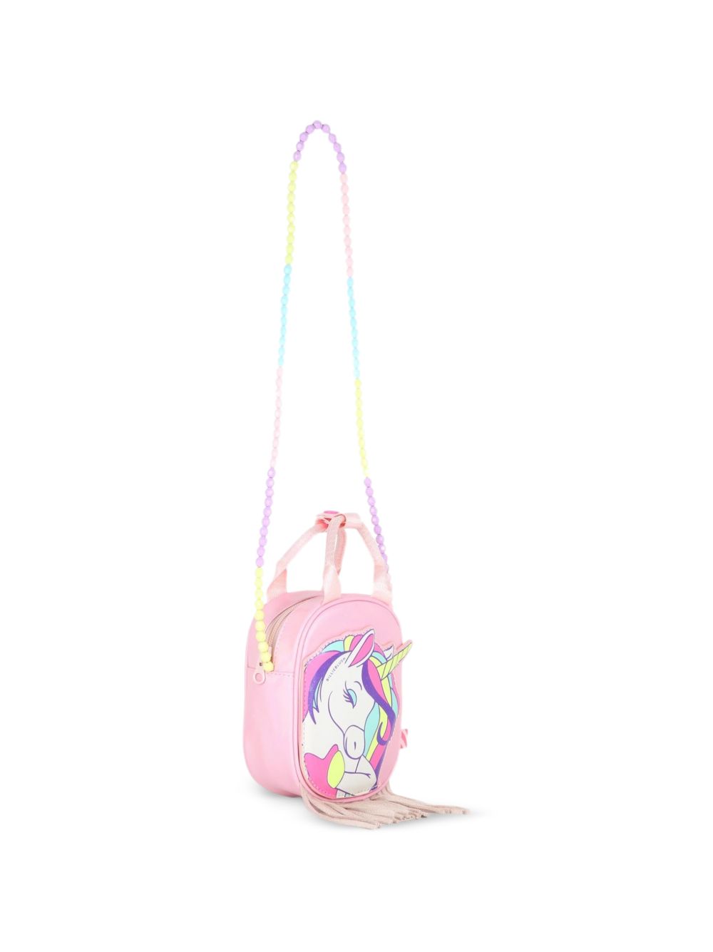 Unicorn handbag. Iridescent pinkish simili. Glow nel dark unicorn illustrazione, puff effect. Small handles con snap. Fringes sul fondo. Facets beads spalla strap. Chiusura con zip. A righe woven label. Dimensions : 15x10,5x5 cm. U22526 467 BILLIE BLUSH KIDS 
